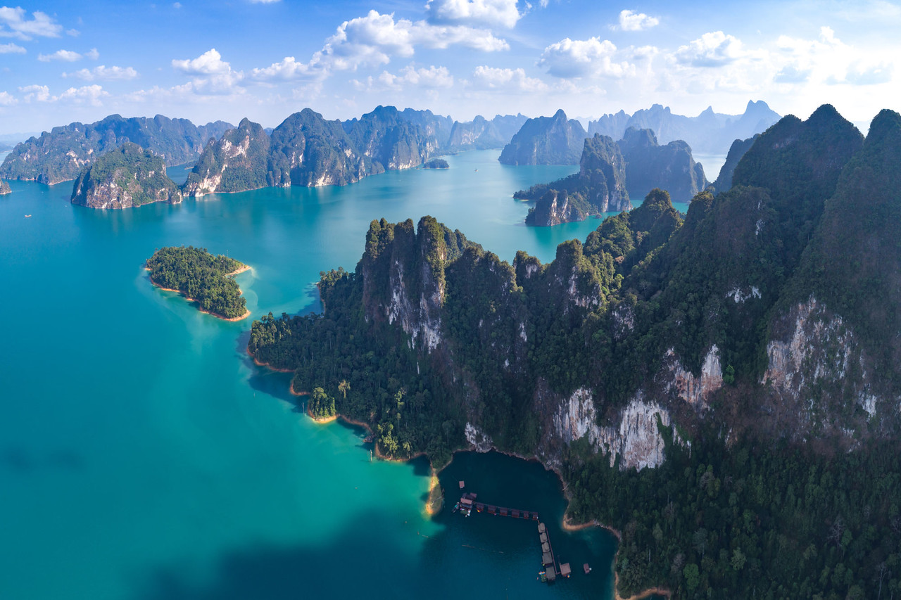 Aerial view — the vertical drama of Cheow Lan limestone formations