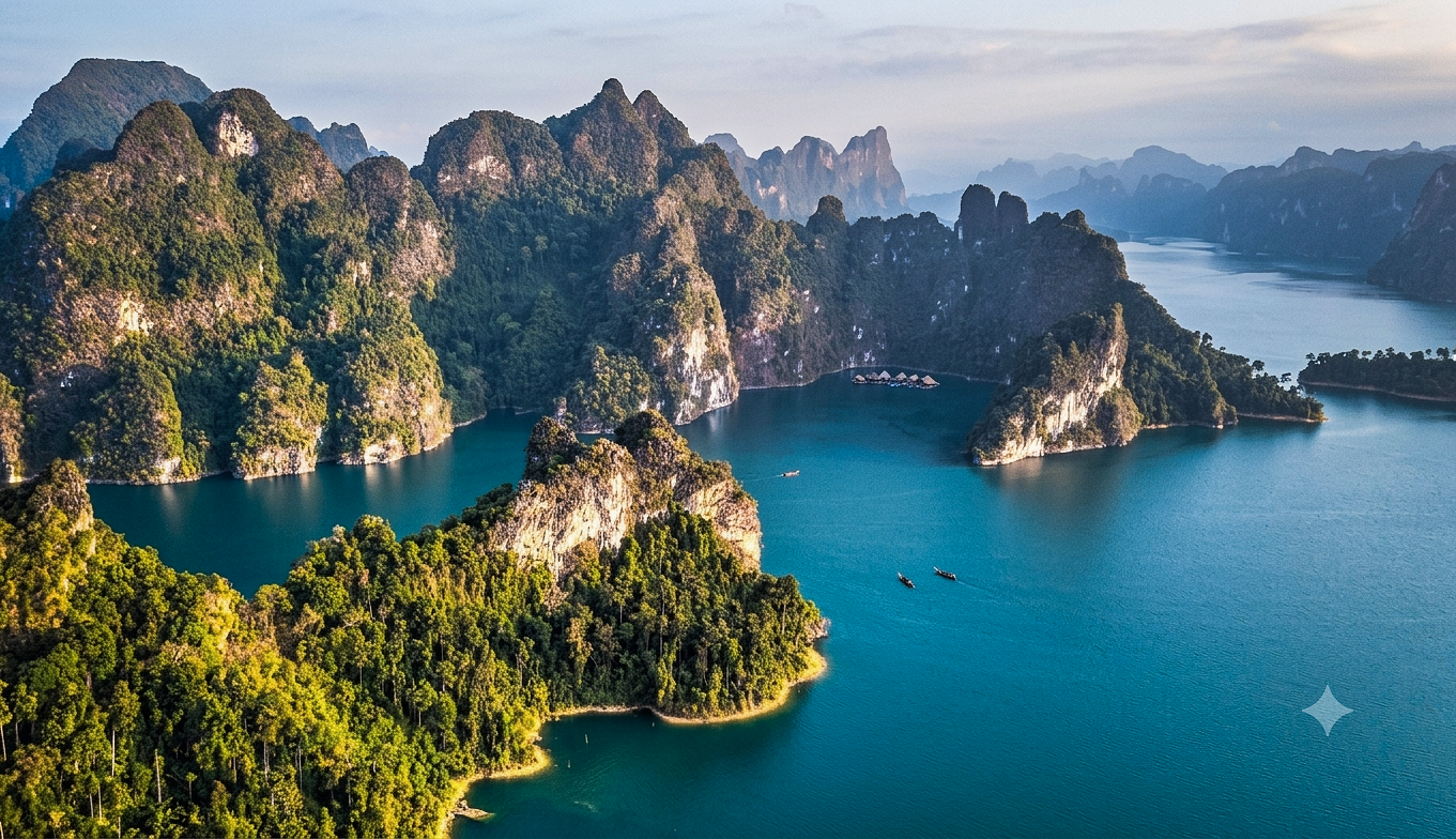 Cheow Lan Lake — limestone karsts rising from emerald water, Khao Sok