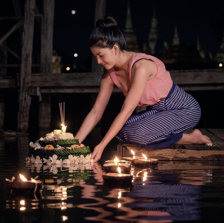 Thai locals in traditional costume release Krathong into the river